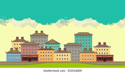 Horizontal vector illustration of urban landscape in the background of the sky