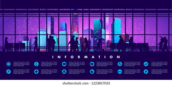 Horizontale Vektorgrafik eines Wartezimmers, großer Panoramafenster mit Blick auf die leuchtende Neonstadt, Silhouette eines verliebten Paares