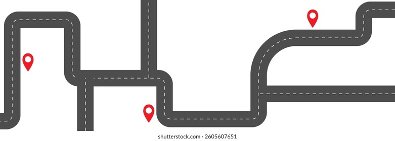 Horizontal Vector illustration of a winding, asphalt road infographic isolated on a transparent background. Features wayfinding, highway routes, direction, transportation, and location pin markers
