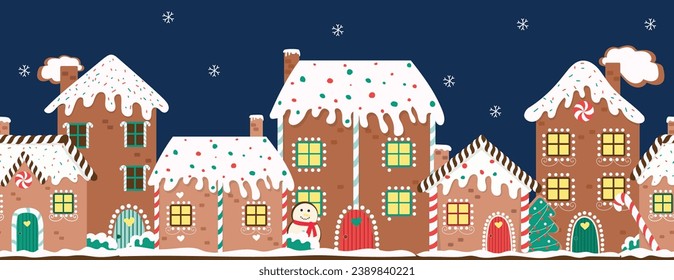 Horizontal vector illustration for winter holidays. Gingerbread house day. Gingerbread houses night christmas border.