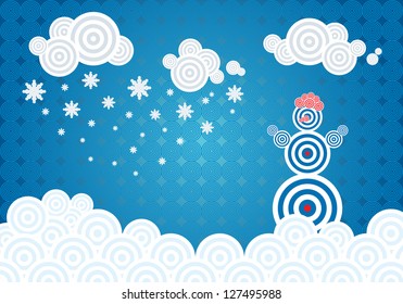 Horizontal vector illustration with winter theme and a snowman