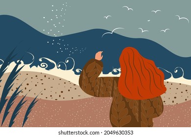 Horizontal vector illustration. Young dreamy girl in a knitted sweater with loose hair walks along the seashore, back view. Waves, trees, flying birds, leaves, sea, landscape in trendy flat style.