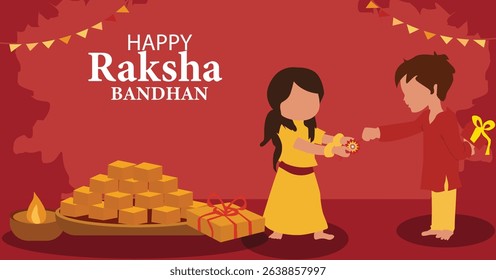 horizontal vector illustrations celebrating Happy Raksha Bandhan. Shows sisters tying Rakhi, gifts and sweets (mithai). Ideal for web banners and greetings.