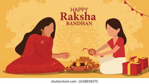 horizontal vector illustrations celebrating Happy Raksha Bandhan. Shows sisters tying Rakhi, gifts and sweets (mithai). Ideal for web banners and greetings.