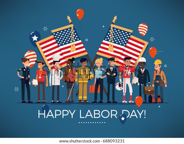 Horizontal vector \'Labor Day\' celebration\
banner with american flags, balloons and large group of diverse\
workers of various professions and\
specialists