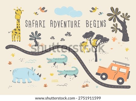Horizontal vector landscape featuring a safari car, winding road, and various wild animals. Organic hand-drawn textures and earthy palette. Great for travel-themed childrens decor.