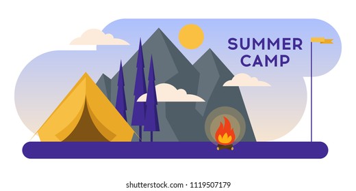 Horizontal vector landscape illustration for summer camp with tent, mountains, trees, sun, clouds, flag and campfire in flat style. 