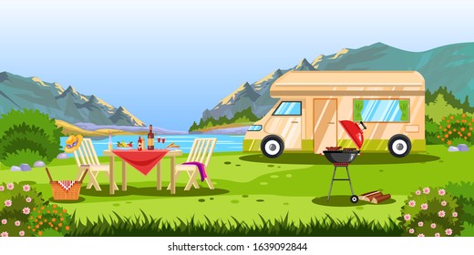 Horizontal vector landscape with lake, mountains, trailer, glade, brazier and outdoor furniture. Picnic and bbq vacation concept in flat style. Spring outdoor weekend banner for tourism companies