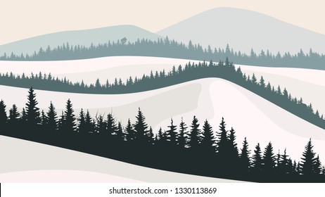 Horizontal vector landscape of snowy coniferous forest valley with hills.