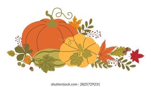 Horizontal vector layout featuring a group of ripe pumpkins and squashes surrounded by colorful autumn leaves, berries, and acorns. Isolated Thanksgiving banner composition on white background.
