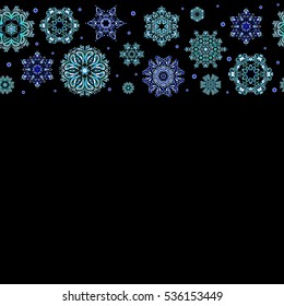 Horizontal vector Merry Christmas Border in violet and blue colors on black background with copy space (place for your text).