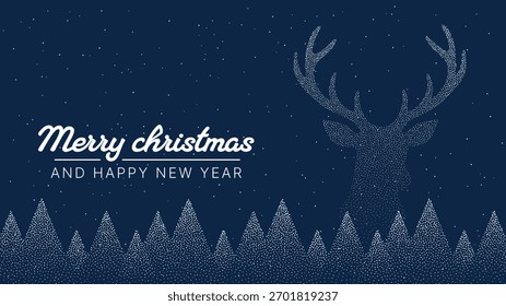 Horizontal vector Merry Christmas and Happy New Year greeting card with dotted reindeer and abstract Christmas tree pattern on dark blue background.