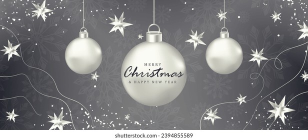 Vector horizontal de Año Nuevo y tarjeta gris de Navidad con bolas de Navidad, ramas de abeto y nieve.