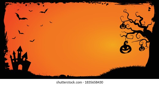 The horizontal vector orange  Happy Halloween banner background template with grunge border, bat, pumpkin 
