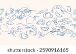 Horizontal vector pattern of seafood: shrimps, oysters, lobster, lemons and olives. Mediterranean Dolce Vita-style vintage illustrations for food, suitable for restaurant and marine cafe menu.