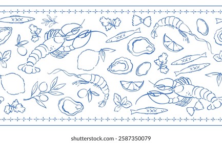 Horizontal vector pattern of seafood: shrimps, oysters, lobster, lemons and olives. Mediterranean Dolce Vita-style vintage illustrations for food, suitable for restaurant and marine cafe menu.