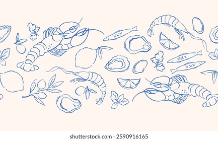 Horizontal vector pattern of seafood: shrimps, oysters, lobster, lemons and olives. Mediterranean Dolce Vita-style vintage illustrations for food, suitable for restaurant and marine cafe menu.