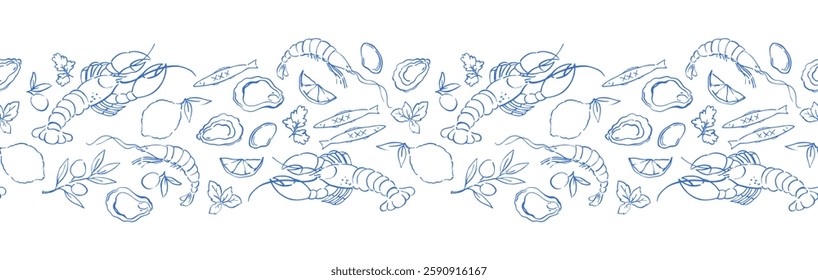 Horizontal vector pattern of seafood: shrimps, oysters, lobster, lemons and olives. Mediterranean Dolce Vita-style vintage illustrations for food, suitable for restaurant and marine cafe menu.