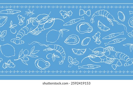 Horizontal vector pattern of seafood: shrimps, oysters, lobster, lemons and olives. Mediterranean Dolce Vita-style vintage illustrations for food, suitable for restaurant and marine cafe menu.