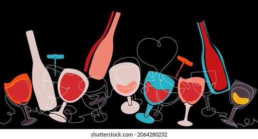 Horizontal Vector Pattern with Wine Glasses and  Bottles isolated on Dark Background.