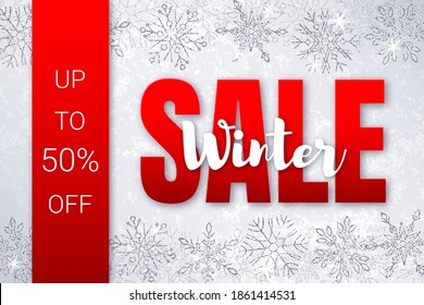 Horizontal vector perl shiny discount banner. Red and white text Winter Sale. Frame of glitter silver Snowflakes. Textured background.
