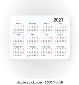 Horizontal vector pocket calendar 2021 year. Minimal business simple clean design. English grid, week starts from sunday