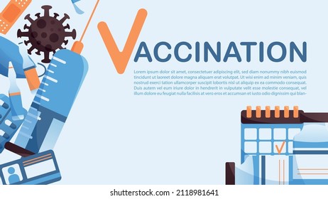 Horizontal vector poster about vaccination. Vaccine from covid-19. Elements of medical kit.
