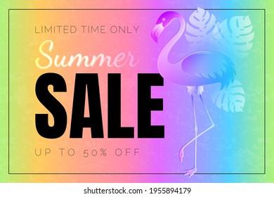 Waagerechtes Vektor-Regenbogen-Rabattbanner. Text Summer Sale. Irisierter holografischer Flamingo mit tropischen Blättern. Farbige Poster-Vorlage. 