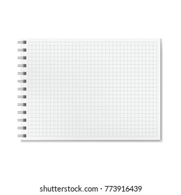 Horizontal vector realistic graph ruled notebook. Notepad with blank quad paper on metallic ring spiral binder, organizer mockup or template for your design