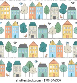 Horizontal vector repeat pattern with a street scene with colorful houses, trees and small cute birds. Perfect e.g. for wallpapers. Neutral colors for boys and girls.