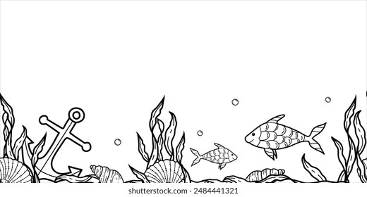 Horizontal vector sea, marine seamless border pattern. Fishes, seaweeds, seashells, nautical anchor and water bubbles. Hand drawn line art.