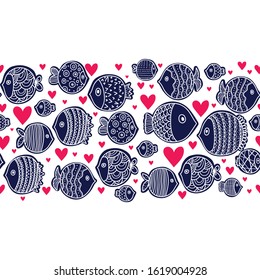 Horizontal vector seamless border with fish and hearts.