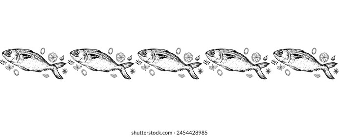 Horizontal vector seamless border fishes sketch with delicate spices. Background illustration for Cooking. Sea food restaurant ornament.