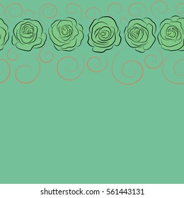 Horizontal vector seamless floral border. Isolated rose flowers with copy space (place for your text) in orange and green colors.