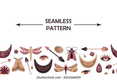 Horizontal vector seamless pattern with boho elements. 