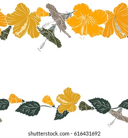 Horizontal vector seamless pattern of hibiscus flowers on a white. Creative universal floral pattern with copy space in green, yellow and beige colors. Ideal for card, posters, fabric or textile.