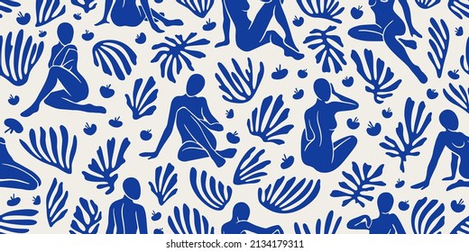 Horizontal vector seamless pattern include women figures and plants inspired by Matisse. Cut paper different women poses for poster, logos, patterns and covers. Trendy minimal creative style  