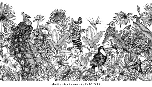 Horizontal vector seamless pattern with tropical garden with exotic birds. Macaw parrot, toucan, hoopoe, peacock, flamingos and cockatiel parrot in engraving style