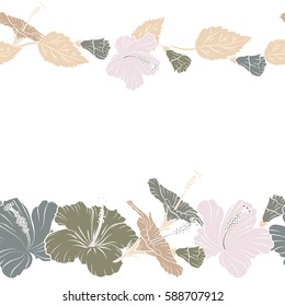 Horizontal vector seamless pattern of tropical hibiscus flowers. Hand drawn with copy space. Pattern in gray and beige colors with tropic summertime motif can be used for wrapping paper, textile.