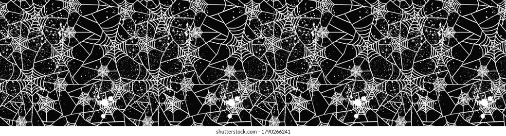 Horizontal vector seamless pattern with a web. Black and white grunge background. Hand drawn abstract horror texture. For decor halloween party, social network, invitation, textile,wrapping.