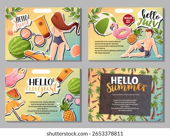 Vetor horizontal conjunto de 4 banners: colagens estilo adesivo de verão com meninas, acessórios, flamingo e um padrão de palmeira em fundo gradiente. Ótimo para promoções sazonais.
