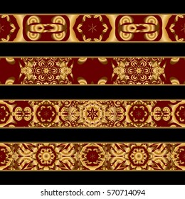 Horizontal vector set classical book cover and spines elements. Decorative vintage frame or border in gloden and red colors to be printed on the covers of books. Hand drawn sketch on a black backdrop.