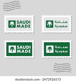 Horizontale Vektorgrafik Saudi Made Stamps - Zweisprachiges englisches und arabisches Design für globale Markendarstellung und Exportauthentizität