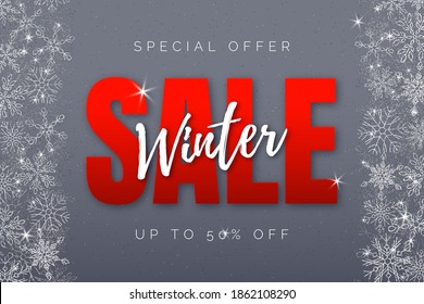 Horizontal vector shiny gray discount banner. Red and white text Winter Sale. Frame of glitter silver Snowflakes. Sparkling background.