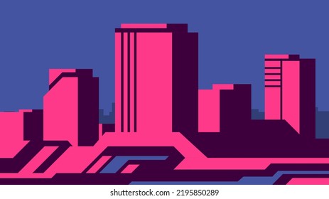 Silueta vectorial horizontal de una ciudad moderna. El sol rosado se refleja en los edificios de oficinas.