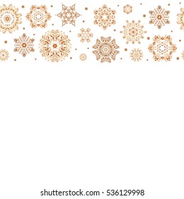 Horizontal vector snowflakes and christmas winter pattern. Digital hand drawn of element in the clean, whimsical and modern surface pattern with copy space on white background in brown, orange colors.