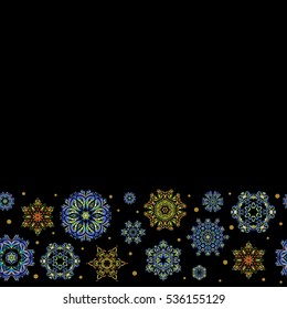 Horizontal vector snowflakes and christmas winter pattern. Digital hand drawn of element in the clean, whimsical and modern surface pattern with copy space on black background in green and blue colors