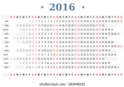 Horizontal vector template for calendar 2016 leap year