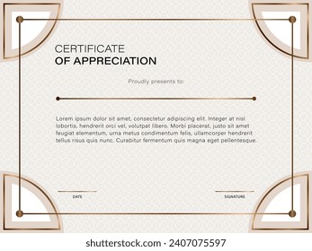 Horizontal vector template for certificate, diploma in neutral beige tones with bronze elements. Geometric design.