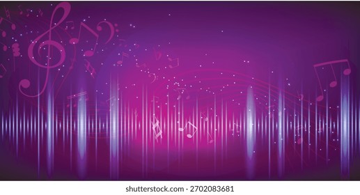 Modelo vetorial horizontal para uma faixa de música ou capa de córrego com um feixe luminoso, clave aguda dinâmica, pau musical curvo e notas flutuantes. Iluminação brilhante, moderno abstrato chique